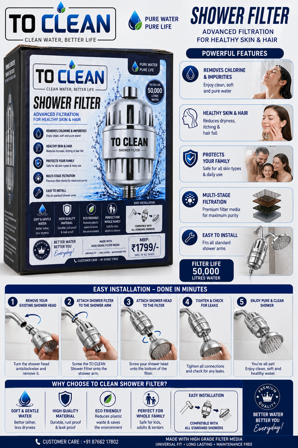 TO CLEAN 11-Layer Shower Filter for Hard Water – Advanced Skin & Hair Care (50,000L Capacity)