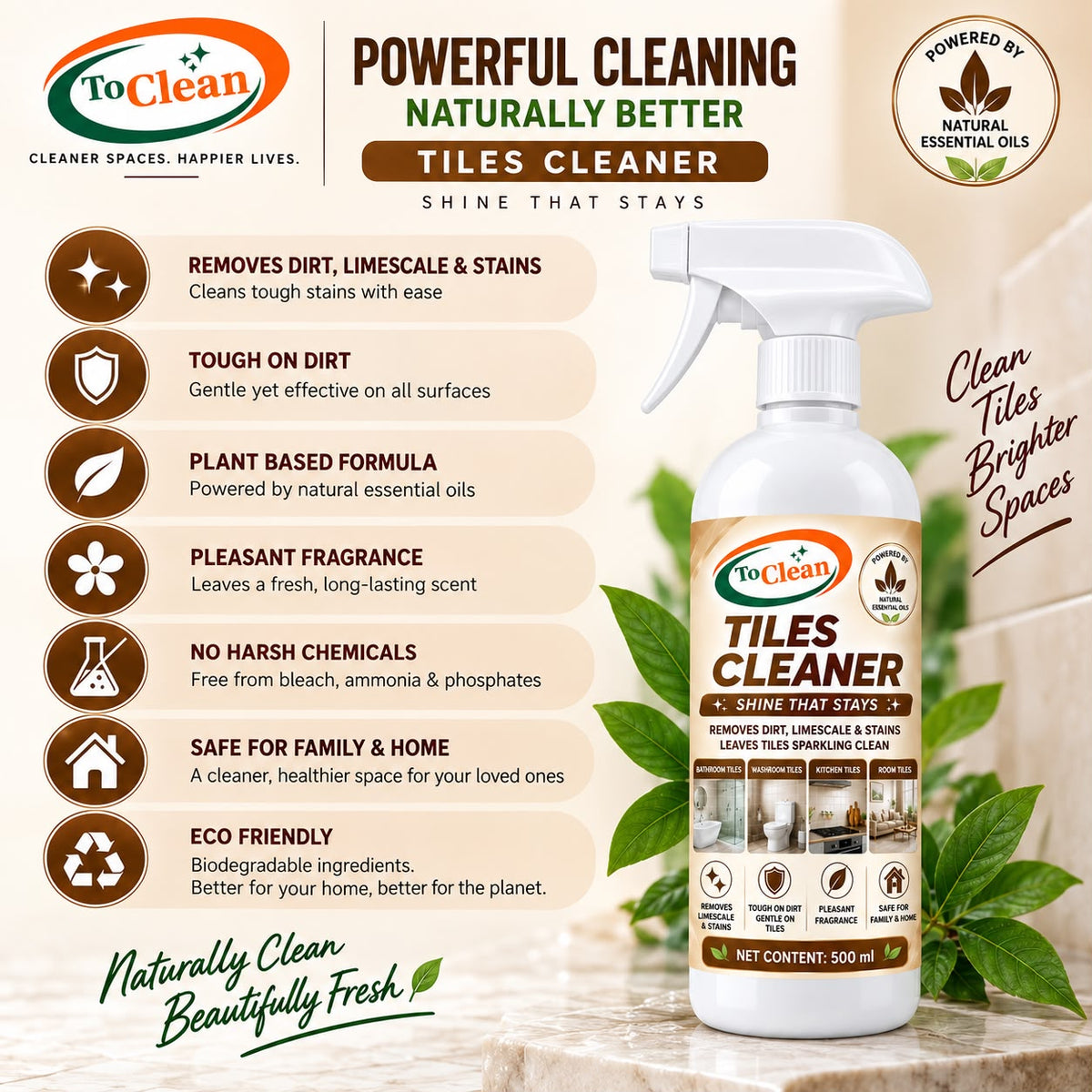 TO CLEAN 500ml plant-based tiles cleaner spray bottle for removing limescale, stains, and bathroom dirt